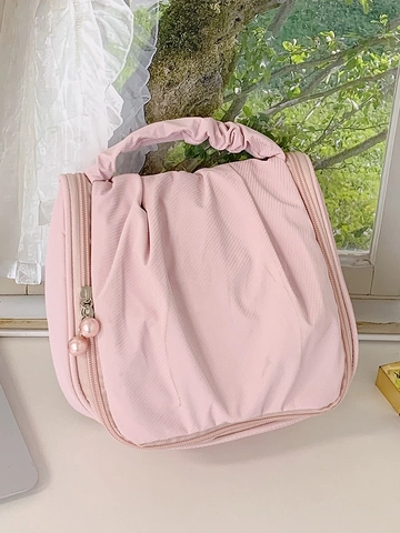 Ins Style Pleated PU Leather Makeup Bag For Women Portable Travel Toiletry Storage Bag With Artificial Pearl Zipper Pouch