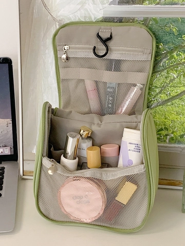 Ins Style Pleated PU Leather Makeup Bag For Women Portable Travel Toiletry Storage Bag With Artificial Pearl Zipper Pouch