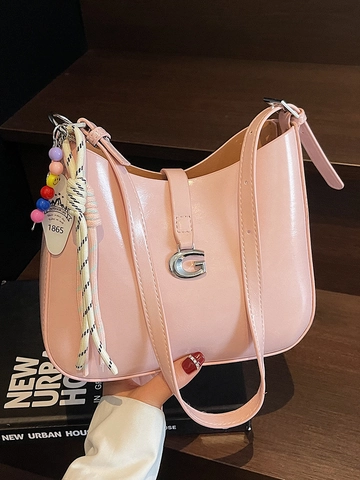 Women Minimalist Patent PU Leather Underarm Bag High End G Buckle Shoulder Crossbody Bag With Beaded Charm For Women Daily Commute