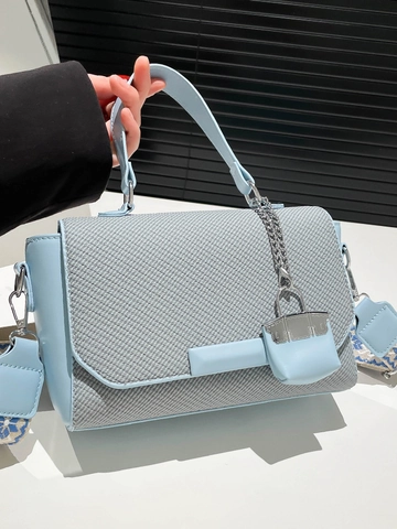 Trendy Women PU Leather Woven Texture Small Square Bag Wide Embroidered Shoulder Strap Crossbody Bag Handbag With Mini Bag Charm
