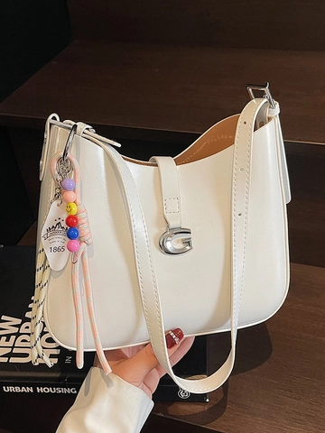 Women Minimalist Patent PU Leather Underarm Bag High End G Buckle Shoulder Crossbody Bag With Beaded Charm For Women Daily Commute