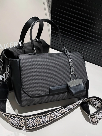 Trendy Women PU Leather Woven Texture Small Square Bag Wide Embroidered Shoulder Strap Crossbody Bag Handbag With Mini Bag Charm