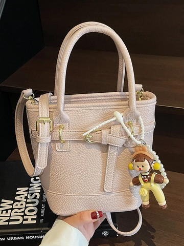 Korean Minimalist Litchi Pattern PU Leather Bucket Bag For Women Fashion Commuter Crossbody Bag Versatile Shoulder Handbag