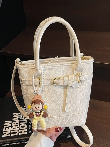 Korean Minimalist Litchi Pattern PU Leather Bucket Bag For Women Fashion Commuter Crossbody Bag Versatile Shoulder Handbag
