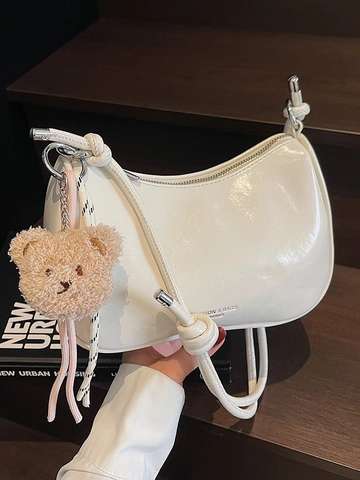 Korean Fashion Shiny PU Leather Shoulder Bag For Women Minimalist Underarm Bag With Plush Bear Keychain Solid Color Crossbody Handbag