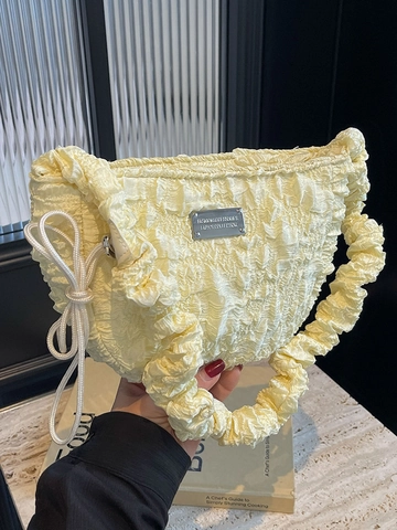 Women Fashion Ruched Cloud Bag Textured Fabric Shoulder Bag Casual Crossbody Bag Solid Color Crescent Hobo Bag Metal Decoration