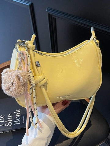 Korean Fashion Shiny PU Leather Shoulder Bag For Women Minimalist Underarm Bag With Plush Bear Keychain Solid Color Crossbody Handbag