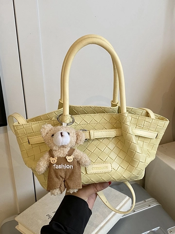 Sac Panier Tissé pour Femmes Style Coréen Élégant Sac Bandoulière en Similicuir PU Petit Sac à Épaule Avec Pendentif Ours