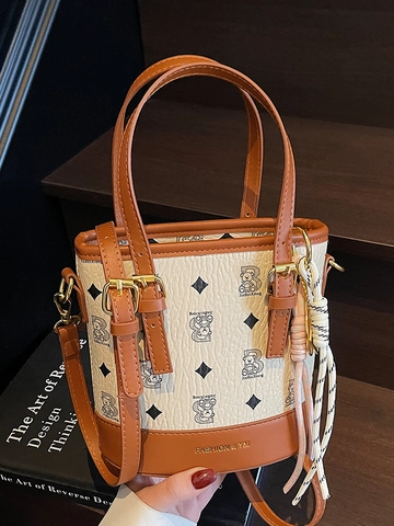 Elegant Women PU Leather Bucket Bag Bear Monogram Print Crossbody Handbag Fashion Retro Splicing Tote Bag With Decorative Charm
