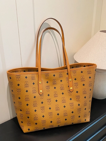 Borsa Tote da Donna Grande Capacità in Pelle PU Stampa Orso Moda Borsa a Spalla Casual Versatile Pendolare Shopping