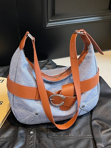 Women Korean Casual Denim Texture PU Leather Hobo Crossbody Bag With Large Metal Buckle Retro Vintage Dumpling Tote Bag