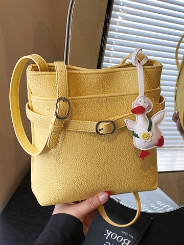 Korean Style Minimalist Lychee Pattern PU Leather Bucket Bag For Women Adjustable Strap Daily Commute Shoulder Crossbody Bag