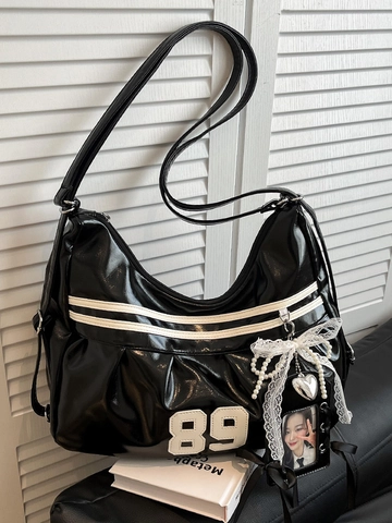 Borsa Tote in Pelle PU Lucida Americana Retro 89 Numero Patch Grande Capacità Borsa a Spalla Sportiva Moda Y2K Donna