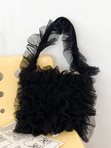 Japanese Design Ruffled Lace Shoulder Tote Bag Lightweight Pleated Mesh Underarm Bag For Women Daily Fashion Handbag