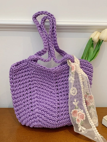 Bolso Tote Tejido para Mujer Bolso de Hombro de Ganchillo Hecho a Mano Con Lazo de Encaje Bordado de Flores Bolso Casual de Vacaciones