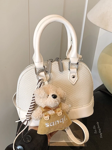 Nische Retro Colorblock Spleißen Muschel Handtasche Für Damen Koreanischer Stil PU Leder Umhängetasche Mit Süßem Bärenanhänger