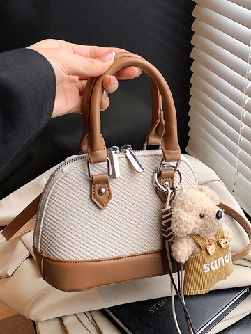 Nische Retro Colorblock Spleißen Muschel Handtasche Für Damen Koreanischer Stil PU Leder Umhängetasche Mit Süßem Bärenanhänger