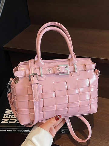 Borsa a Secchiello Intrecciata Minimalista da Donna in Pelle PU Lucida Borsa a Tracolla alla Moda con Tracolla Regolabile