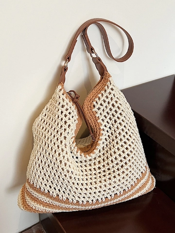 Damen Casual Gewebt Tragetasche Urbaner Minimalismus Große Kapazität Ausschnitt Gestreift Schultertasche Boho Urlaub Strandtasche