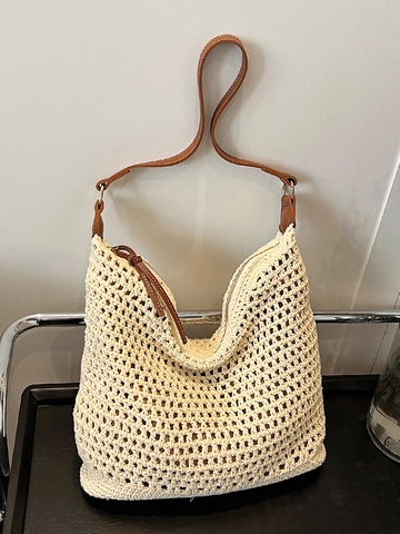 Damen Casual Gewebt Tragetasche Urbaner Minimalismus Große Kapazität Ausschnitt Gestreift Schultertasche Boho Urlaub Strandtasche