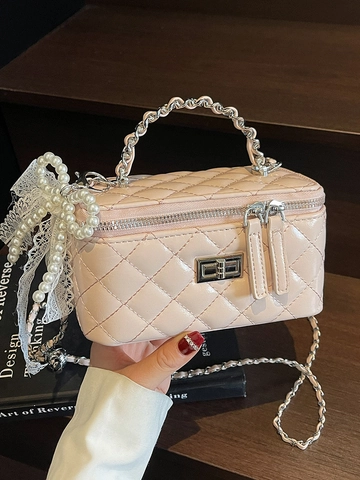 Elegante Borsa a Scatola in Pelle PU Trapuntata da Donna Piccola Borsa a Tracolla Con Fiocco in Pizzo e Perle Artificiali Borsa a Spalla