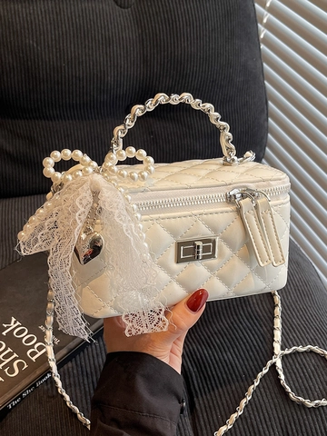 Elegante Borsa a Scatola in Pelle PU Trapuntata da Donna Piccola Borsa a Tracolla Con Fiocco in Pizzo e Perle Artificiali Borsa a Spalla