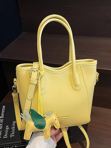 Fashion Minimalist Lychee Pattern PU Leather Bucket Bag For Women Casual Commuting Tote Crossbody Bag With Pegasus Charm
