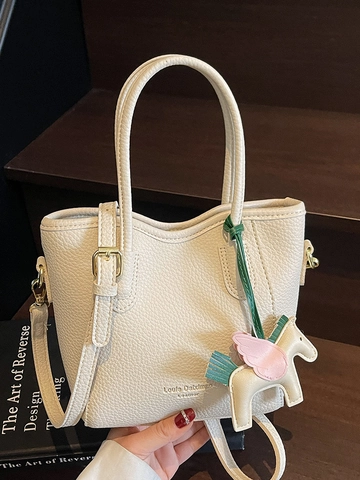 Fashion Minimalist Lychee Pattern PU Leather Bucket Bag For Women Casual Commuting Tote Crossbody Bag With Pegasus Charm