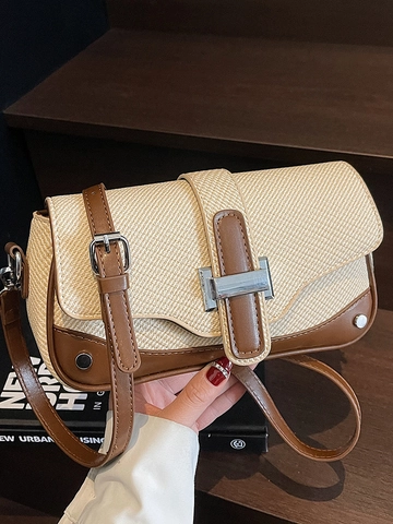 Bolso Cuadrado Pequeño Elegante Con Textura Tejida Y Hebilla En H Color De Contraste Bolso Bandolera De Cuero PU Sofisticado