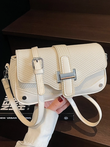 Bolso Cuadrado Pequeño Elegante Con Textura Tejida Y Hebilla En H Color De Contraste Bolso Bandolera De Cuero PU Sofisticado