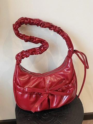 Sac Sous le Bras Plissé en Cuir PU de Style Coréen pour Femmes Sac à Épaule Demi-Lune avec Nœud Papillon Sac à Bandoulière Polyvalent