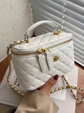 Elegante Gesteppte PU Leder Box Tasche Für Damen Mit Kettenträger Blumendekor Umhängetasche Kleine Mini Kosmetiktasche