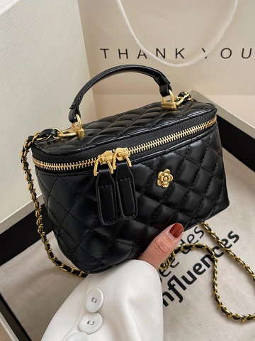 Elegante Gesteppte PU Leder Box Tasche Für Damen Mit Kettenträger Blumendekor Umhängetasche Kleine Mini Kosmetiktasche