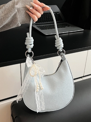 Sac Hobo Demi-Lune en Cuir PU pour Femmes Style Coréen Minimaliste Sac à Épaule Sous le Bras Avec Nœud et Pendentif