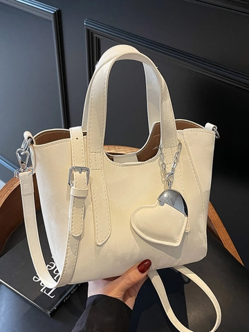 Dames PU Leer Emmer Tas Koreaanse Stijl Eenvoudig Elegant Handtas Met Hartvormige Hanger Crossbody Tas Mode Veelzijdige Schoudertas