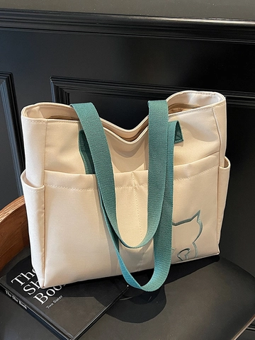 Women Large Capacity Canvas Tote Bag With Cat Embroidery Contrast Color Straps Multi-Pocket Shoulder Bag For Work School Casual