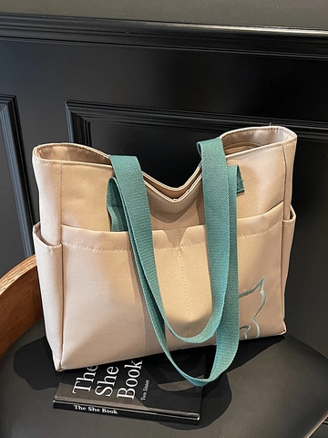 Women Large Capacity Canvas Tote Bag With Cat Embroidery Contrast Color Straps Multi-Pocket Shoulder Bag For Work School Casual