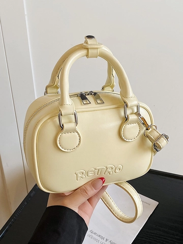 Sac Boston Rétro pour Femmes en Cuir PU Sac Bandoulière Mode Couleur Unie Lettre Gaufrée Sac à Main Double Poignée