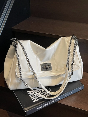 Bolso Tote de Cuero PU de Gran Capacidad Vintage para Mujer Bolso de Hombro Cruzado Minimalista Con Cadena Cierre de Metal Moda Urbana