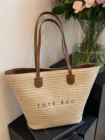 Bolso Tote de Paja Tejido Casual para Mujer Gran Capacidad Letra Bordada Playa Vacaciones Bolso de Hombro Commute Handbag