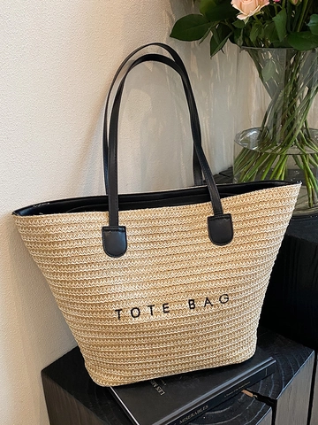 Bolso Tote de Paja Tejido Casual para Mujer Gran Capacidad Letra Bordada Playa Vacaciones Bolso de Hombro Commute Handbag