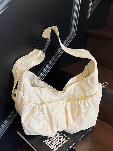 Damen Große Kapazität Plissierte Umhängetasche Nylon Kordelzug Shopper Minimalistische Urbane Lässige Schultertasche Für Alltag