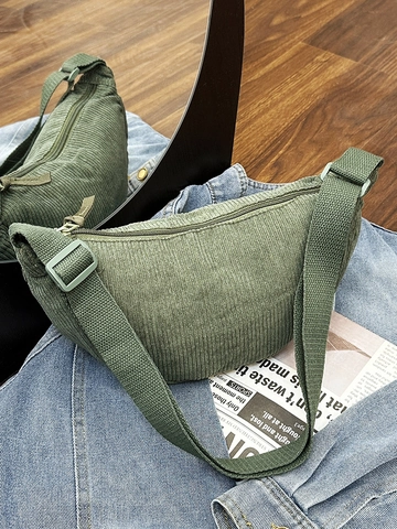 Bolso Bandolera Media Luna de Pana Vintage para Mujer Color Sólido Casual Ligero Viaje Diario Cremallera Correa Ajustable