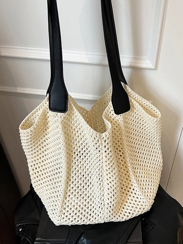 Knitted Hollow Out Woven Tote Bag Women Large Capacity Contrast Color Leather Strap Casual Lazy Style Shoulder Beach Bag