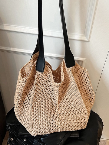 Knitted Hollow Out Woven Tote Bag Women Large Capacity Contrast Color Leather Strap Casual Lazy Style Shoulder Beach Bag