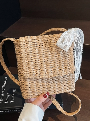 Handmade Straw Woven Crossbody Bag With Lace Bow For Women Summer Beach Vacation Bohemian Small Square Shoulder Bag