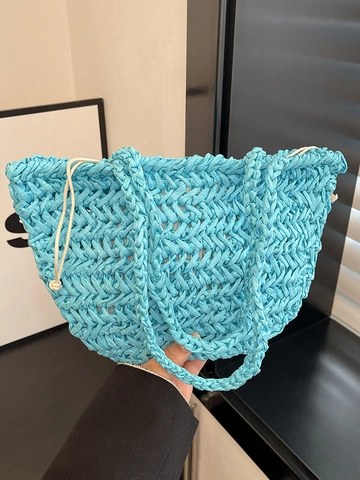 Koreanischer Ins-Stil Handgewebte Stroh Eimertasche Für Damen Sommer Lässig Strand Urlaub Schultertasche Mit Kordelzug