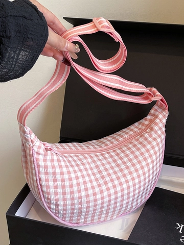 Women's Casual Plaid Dumpling Bag Lightweight Polyester Crescent Crossbody Bag Striped Adjustable Strap Fashion Purse