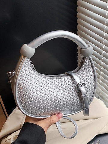 Fashion Women Woven Pattern PU Leather Dumpling Bag Minimalist Solid Color Crossbody Handbag Casual Hobo Shoulder Bag