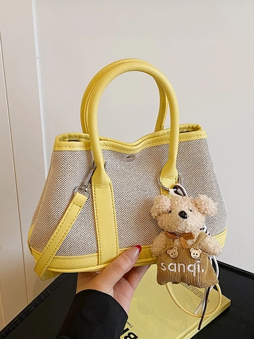 Borsa a Secchiello da Donna Casual in Tela PU Patchwork Moda Colorblock con Ciondolo a Orsetto Borsa a Tracolla Versatile